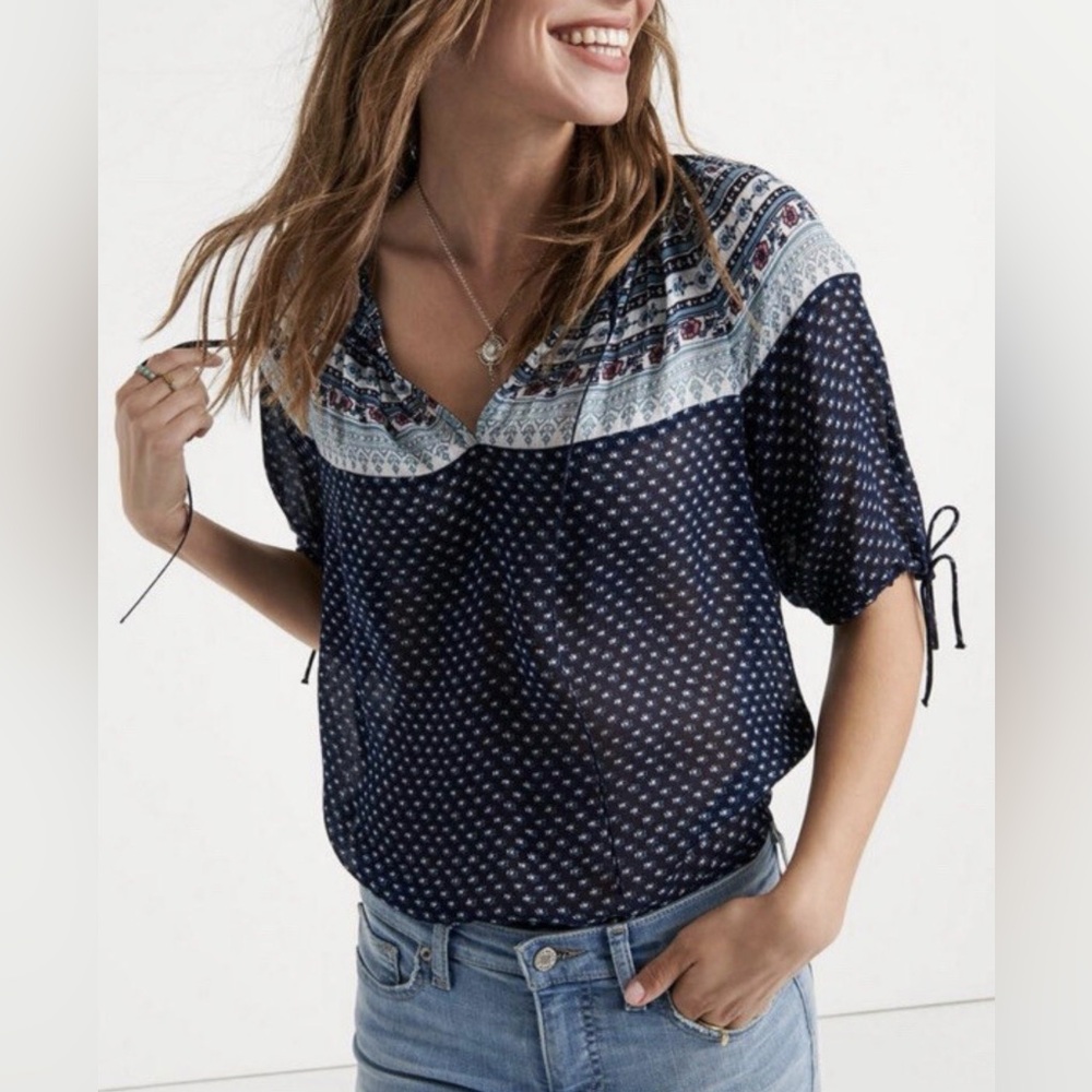 Lucky Brand SS Printed Peasant Top Blouse Navy Multi Tie Detail
